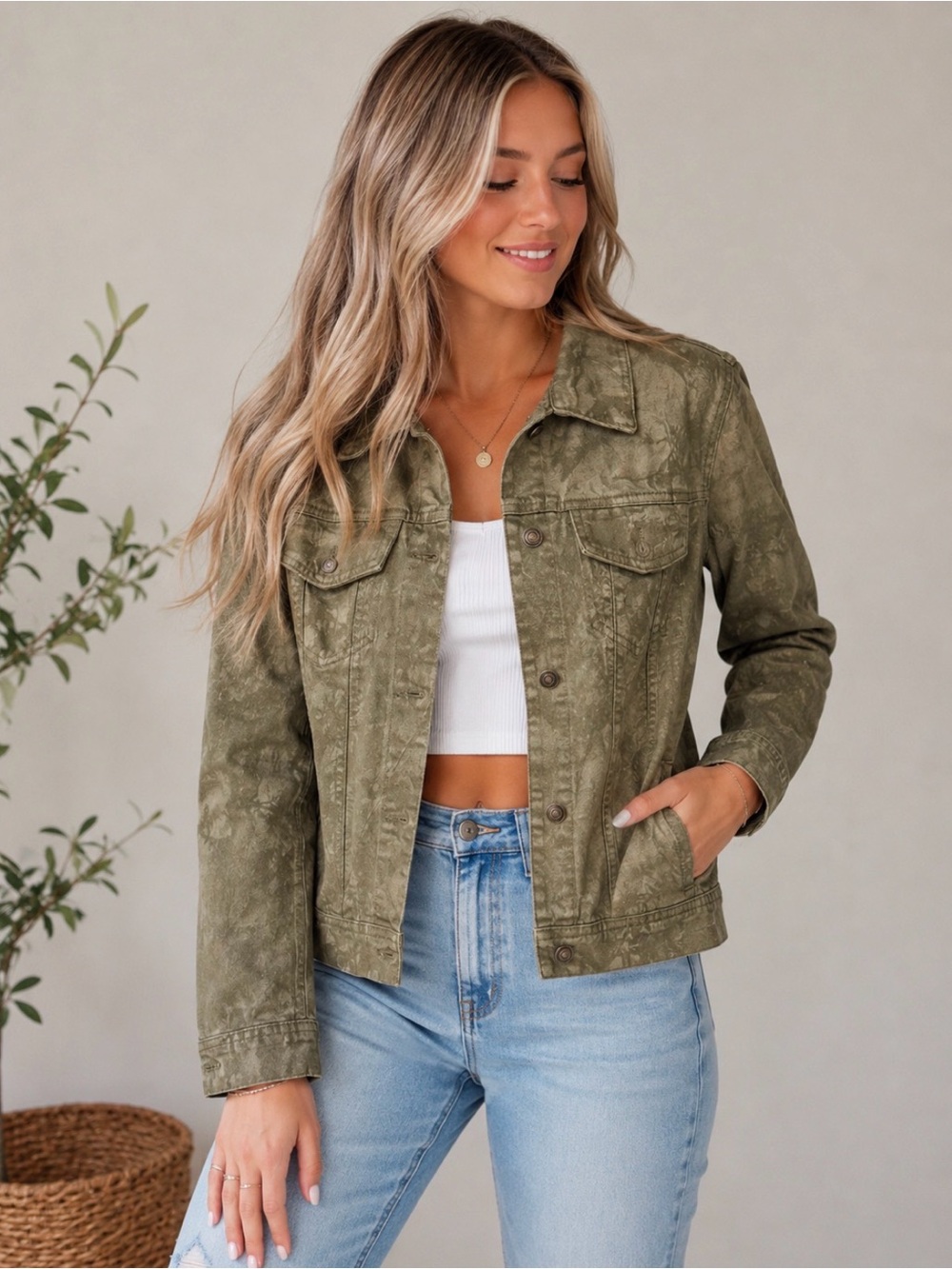 Free People Olive Utility Denim Jacket Size Small